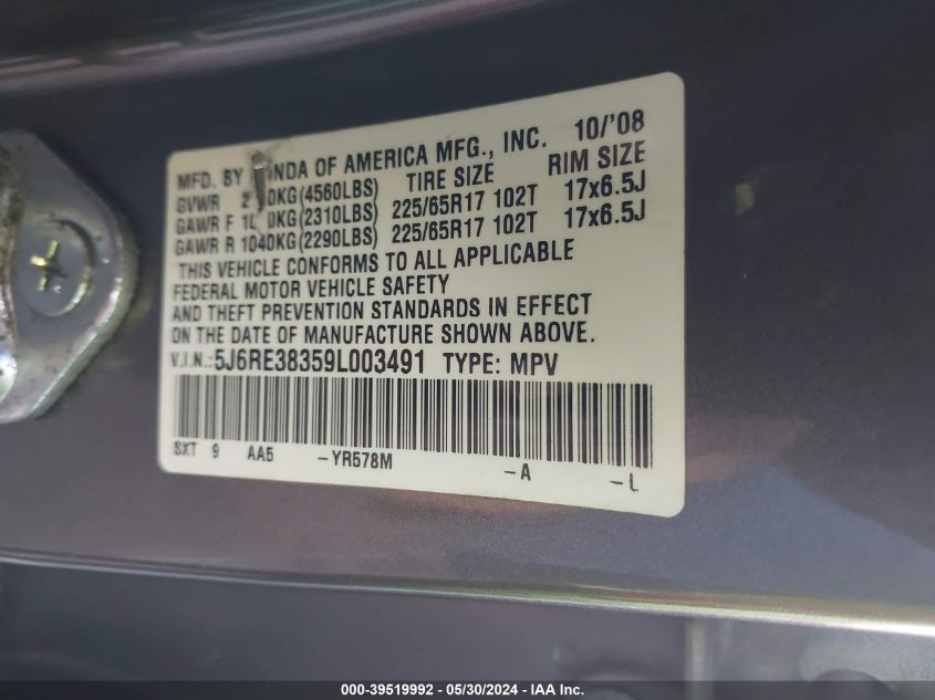 2009 Honda Cr-V Lx VIN: 5J6RE38359L003491 Lot: 39519992