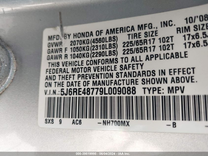 2009 Honda Cr-V Ex-L VIN: 5J6RE48779L009088 Lot: 39519995