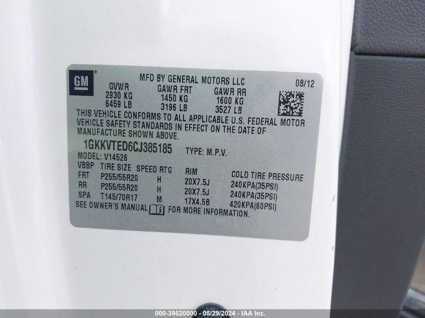 2012 GMC Acadia Denali VIN: 1GKKVTED6CJ385185 Lot: 39520000