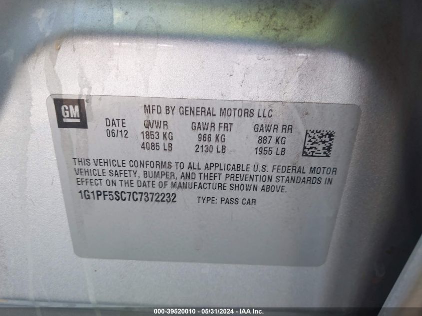 2012 Chevrolet Cruze 1Lt VIN: 1G1PF5SC7C7372232 Lot: 39520010