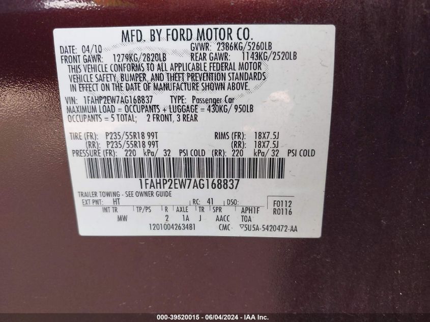 2010 Ford Taurus Sel VIN: 1FAHP2EW7AG168837 Lot: 39520015