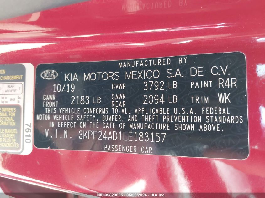 2020 Kia Forte Lxs VIN: 3KPF24AD1LE183157 Lot: 39520025