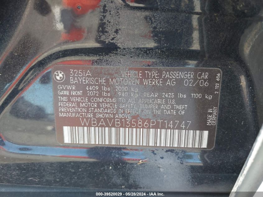 2006 BMW 325I I VIN: WBAVB13586PT14747 Lot: 39520029