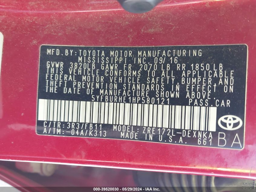 2017 TOYOTA COROLLA LE - 5YFBURHE1HP580121