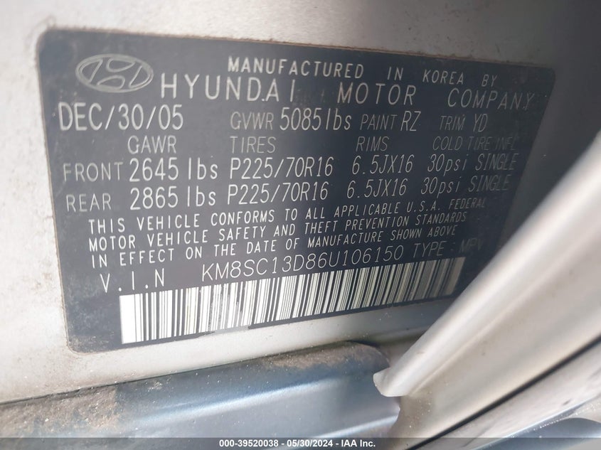 2006 Hyundai Santa Fe Gls VIN: KM8SC13D86U106150 Lot: 39520038