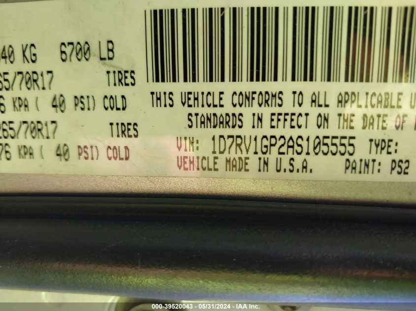 2010 Dodge Ram 1500 Slt/Sport/Trx VIN: 1D7RV1GP2AS105555 Lot: 39520043