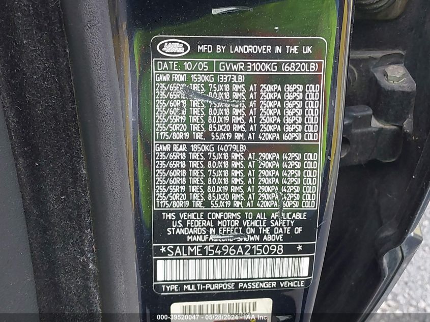 2006 Land Rover Range Rover Hse VIN: SALME15496A215098 Lot: 39520047