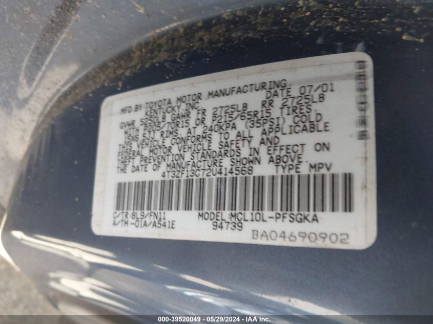 2002 Toyota Sienna Le VIN: 4T3ZF13C72U414568 Lot: 39520049