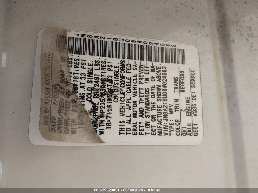 2009 Nissan Murano Sl VIN: JN8AZ18U09W024563 Lot: 39520051