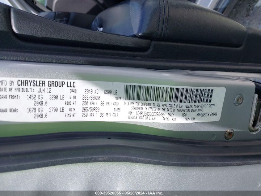 2012 Jeep Grand Cherokee Laredo VIN: 1C4RJEAG2CC360497 Lot: 39520055