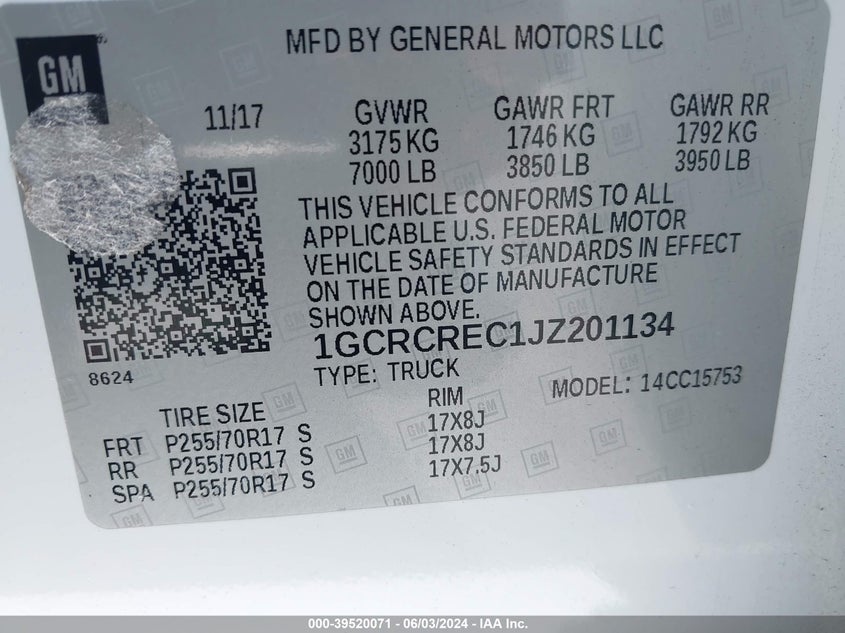 2018 Chevrolet Silverado 1500 1Lt VIN: 1GCRCREC1JZ201134 Lot: 39520071