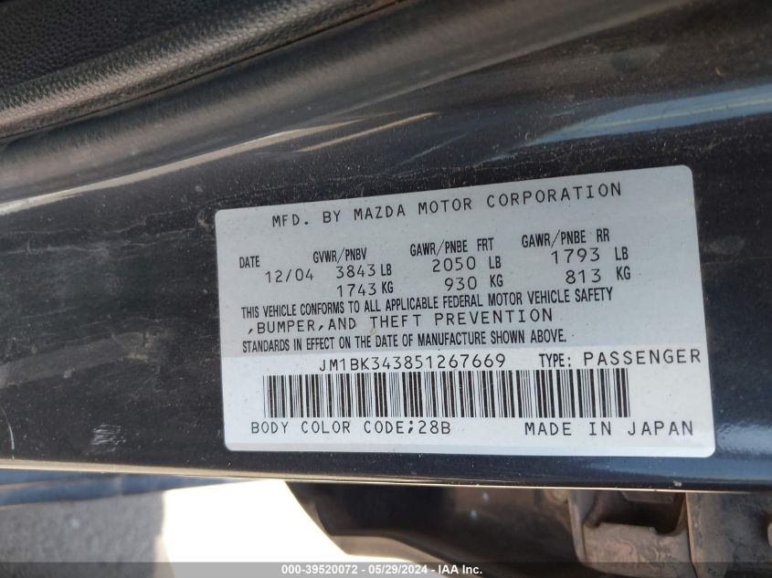 2005 Mazda Mazda3 Sp23 VIN: JM1BK343851267669 Lot: 39520072