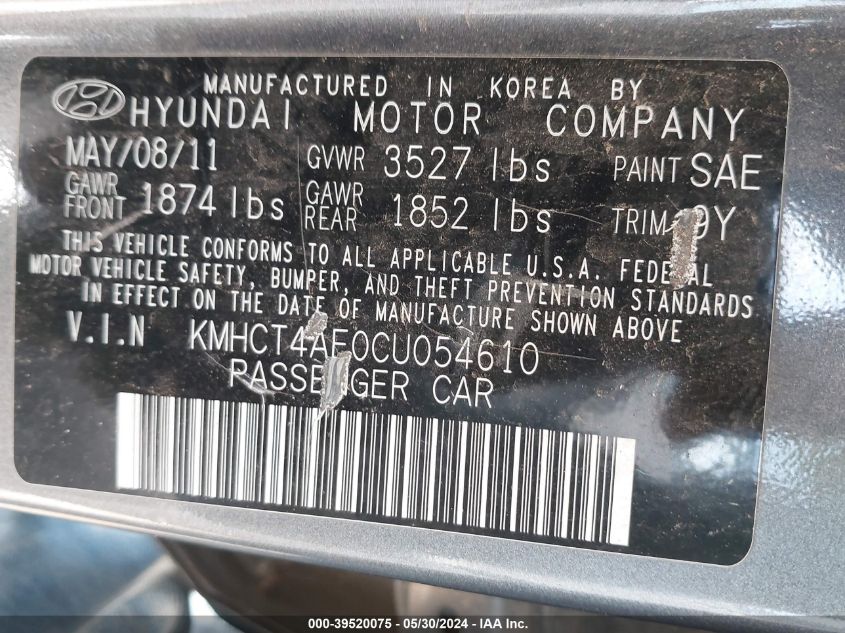 2012 Hyundai Accent Gls VIN: KMHCT4AE0CU054610 Lot: 39520075
