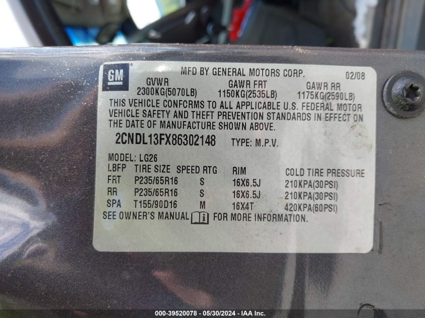 2008 Chevrolet Equinox Ls VIN: 2CNDL13FX86302148 Lot: 39520078