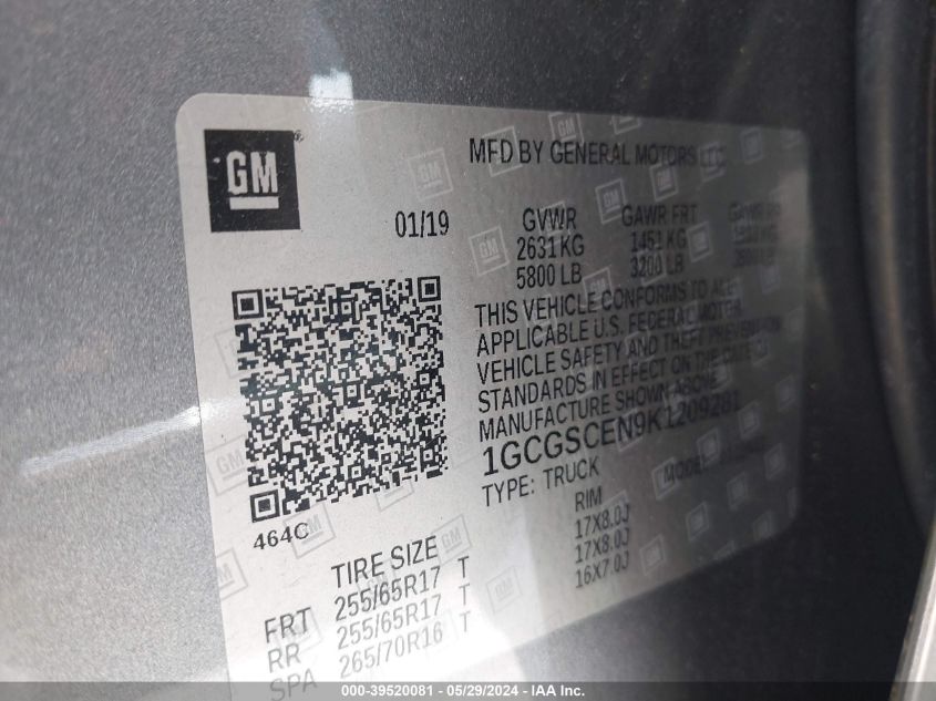 2019 Chevrolet Colorado Lt VIN: 1GCGSCEN9K1209281 Lot: 39520081