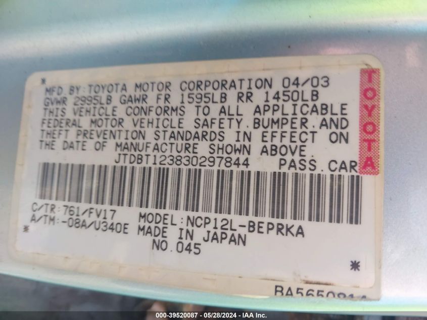 2003 Toyota Echo VIN: JTDBT123830297844 Lot: 39520087