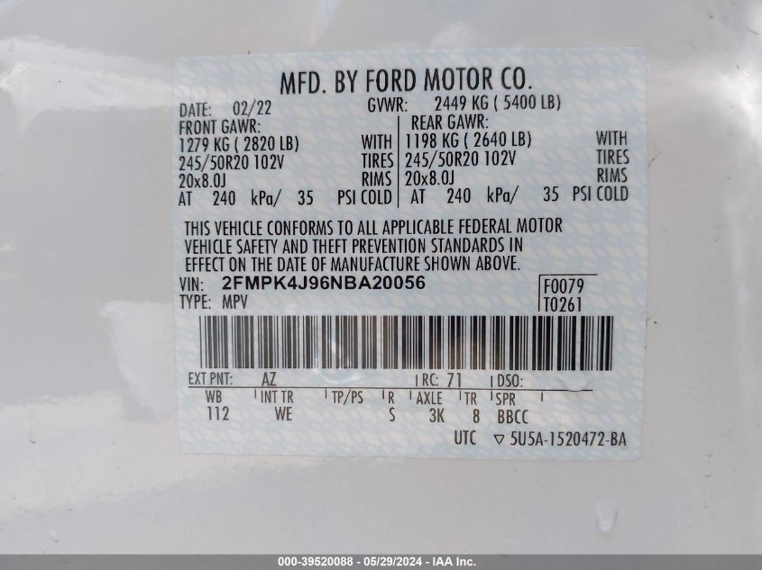 2022 Ford Edge St-Line VIN: 2FMPK4J96NBA20056 Lot: 39520088