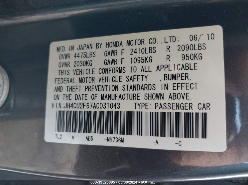 JH4CU2F67AC031043 2010 Acura Tsx 2.4