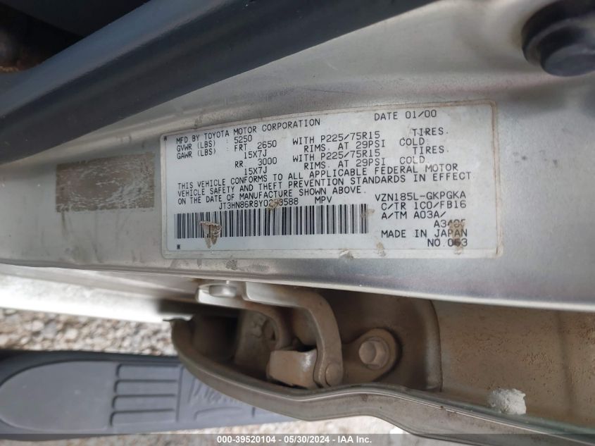 2000 Toyota 4Runner Sr5 V6 VIN: JT3HN86R8Y0293588 Lot: 39520104