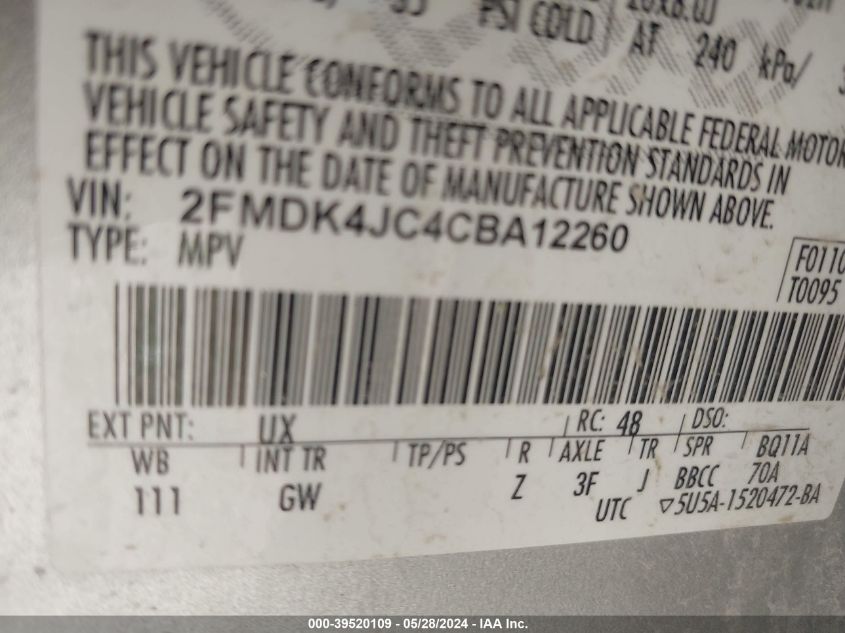 2012 Ford Edge Sel VIN: 2FMDK4JC4CBA12260 Lot: 39520109