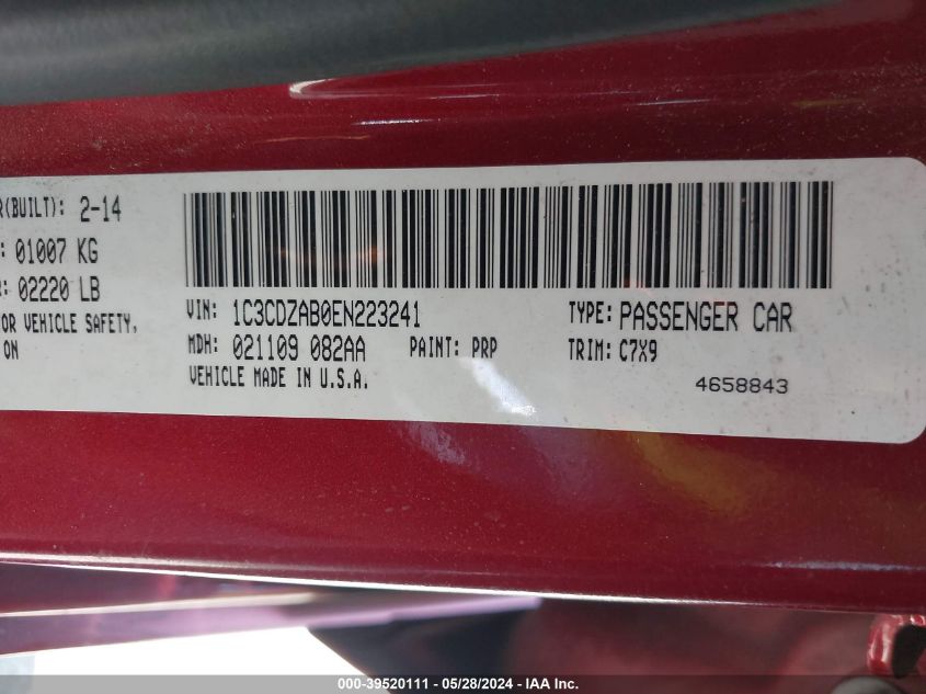 2014 Dodge Avenger Se VIN: 1C3CDZAB0EN223241 Lot: 39520111