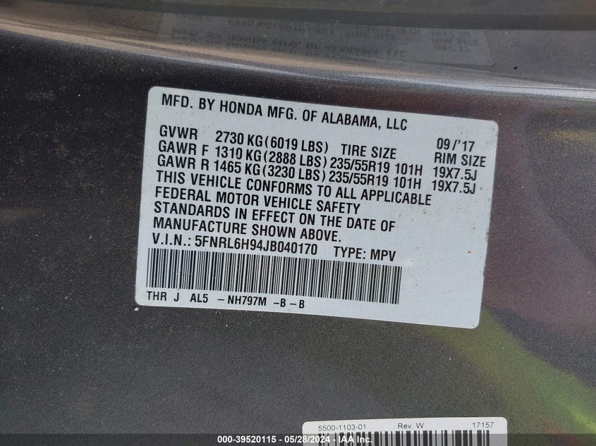 2018 Honda Odyssey Elite VIN: 5FNRL6H94JB040170 Lot: 39520115