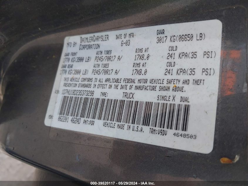 2003 Dodge Ram 1500 Slt/Laramie/St VIN: 1D7HU18D23S373298 Lot: 39520117