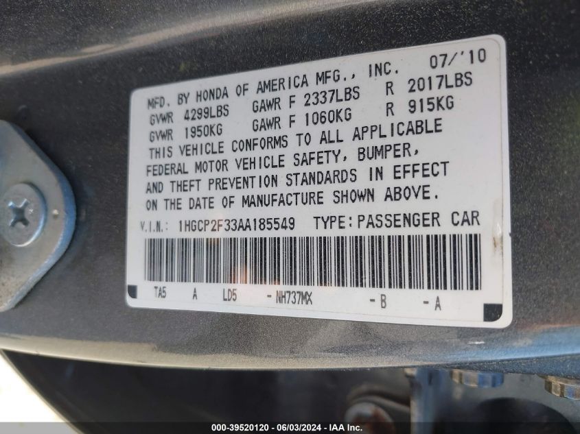 2010 Honda Accord 2.4 Lx VIN: 1HGCP2F33AA185549 Lot: 39520120