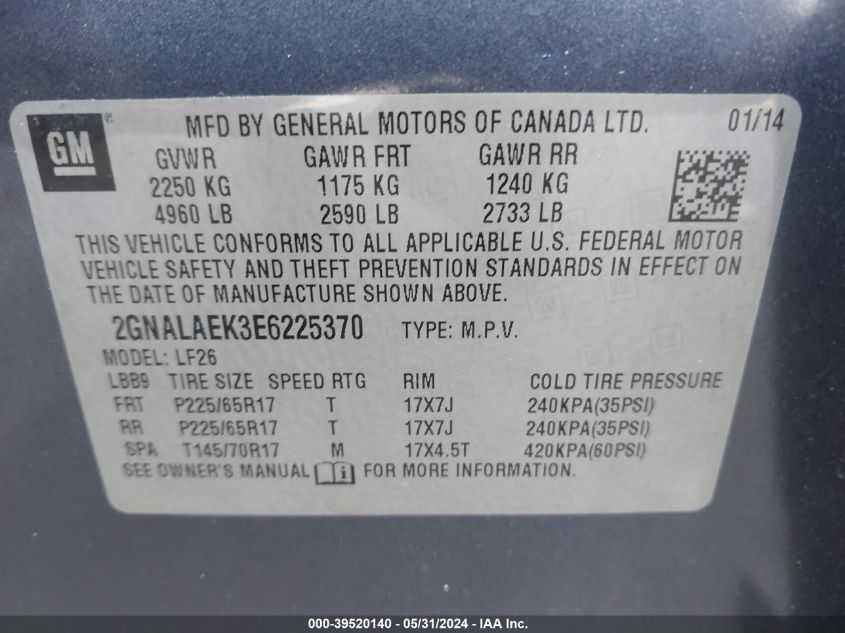 2GNALAEK3E6225370 2014 Chevrolet Equinox Ls