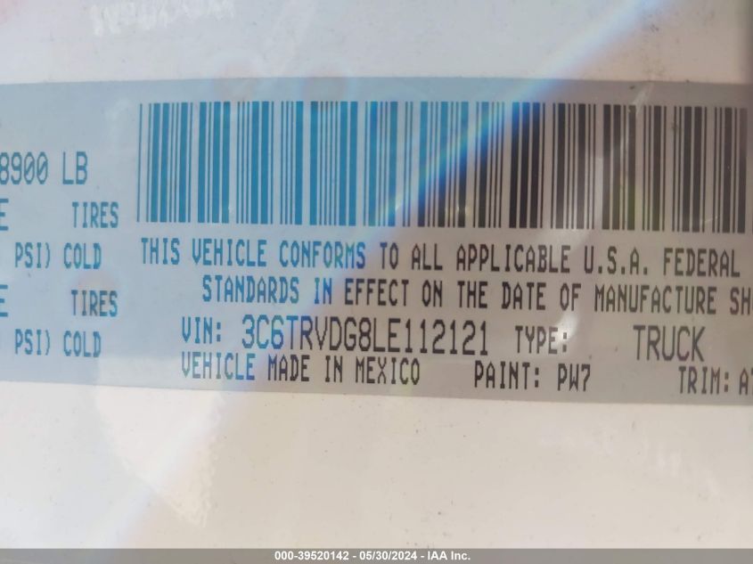 2020 Ram Promaster 2500 High Roof 159 Wb VIN: 3C6TRVDG8LE112121 Lot: 39520142