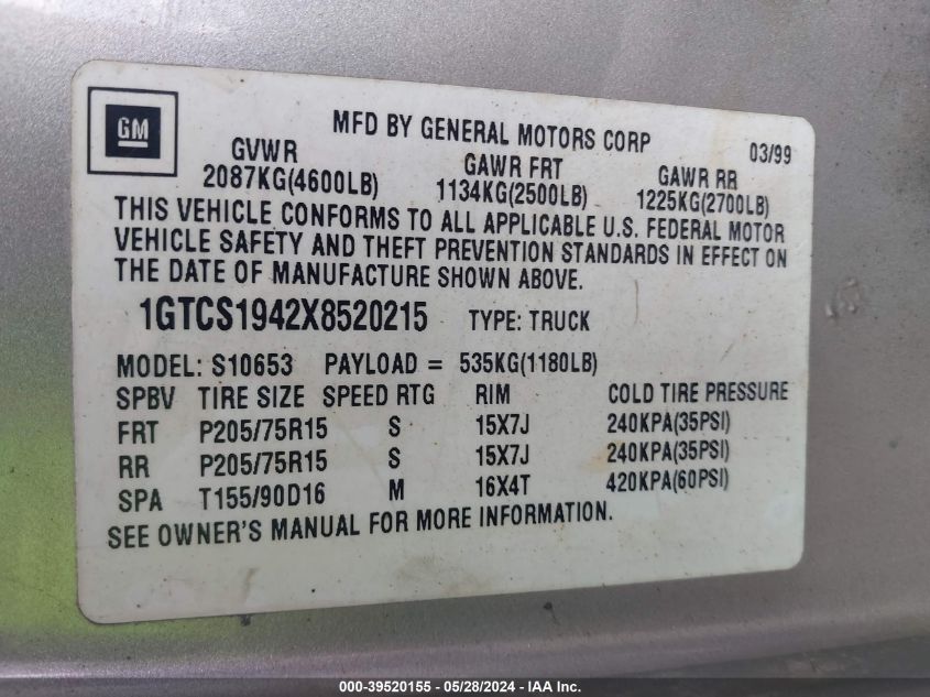 1999 GMC Sonoma Sls VIN: 1GTCS1942X8520215 Lot: 39520155