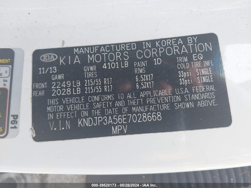 2014 Kia Soul + VIN: KNDJP3A56E7028668 Lot: 39520173