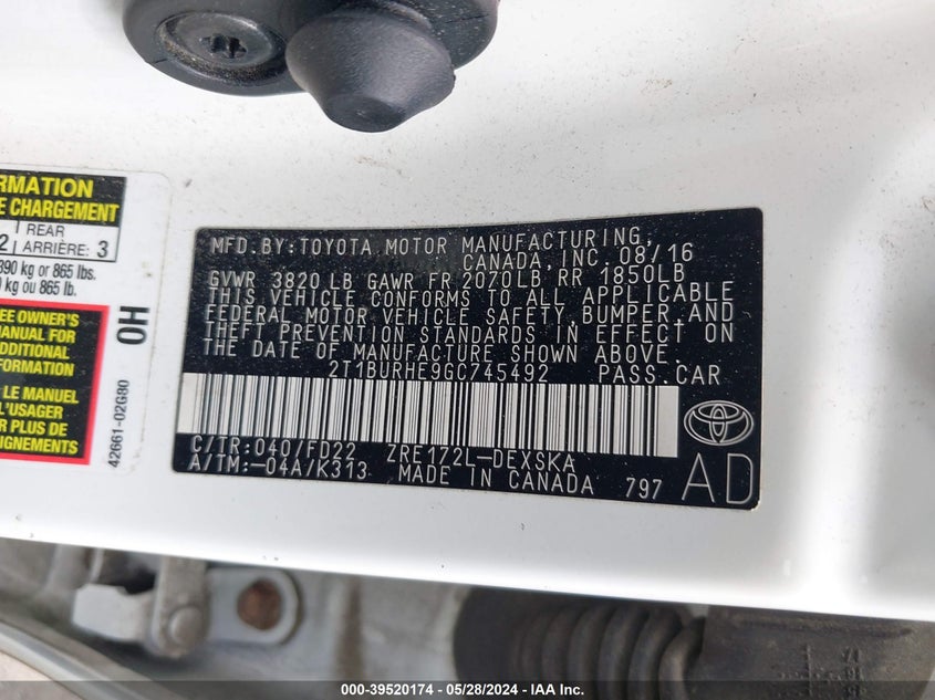 2016 Toyota Corolla S Plus VIN: 2T1BURHE9GC745492 Lot: 39520174