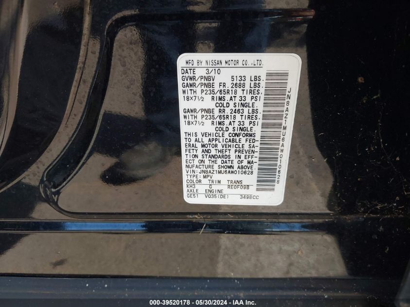 2010 Nissan Murano S VIN: JN8AZ1MU6AW010628 Lot: 39520178