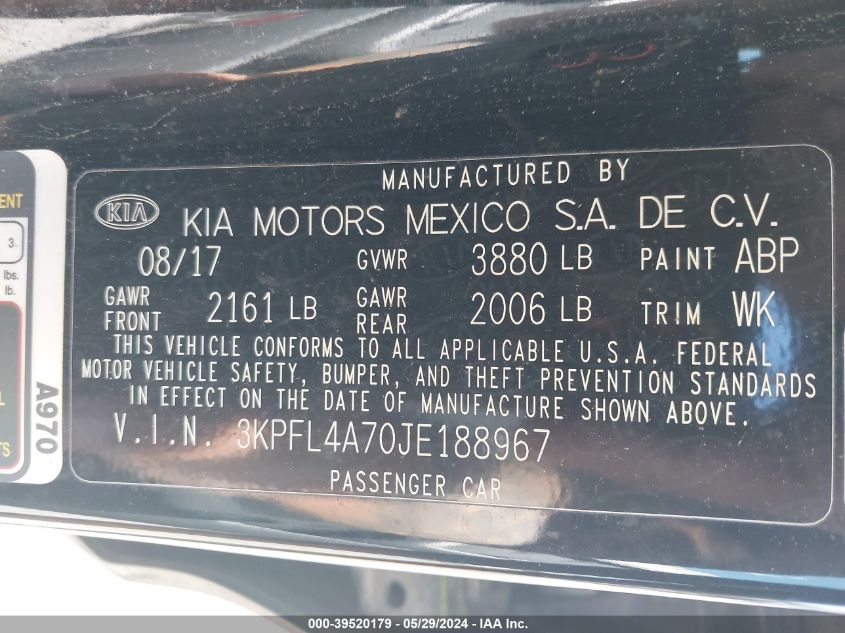 2018 Kia Forte Lx VIN: 3KPFL4A70JE188967 Lot: 39520179