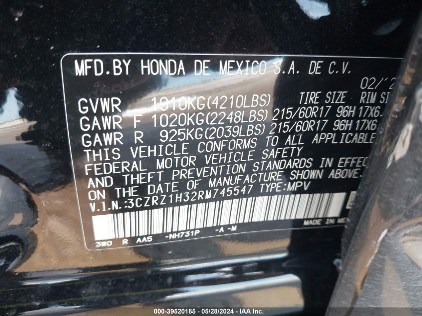 2024 Honda Hr-V 2Wd Lx VIN: 3CZRZ1H32RM745547 Lot: 39520185