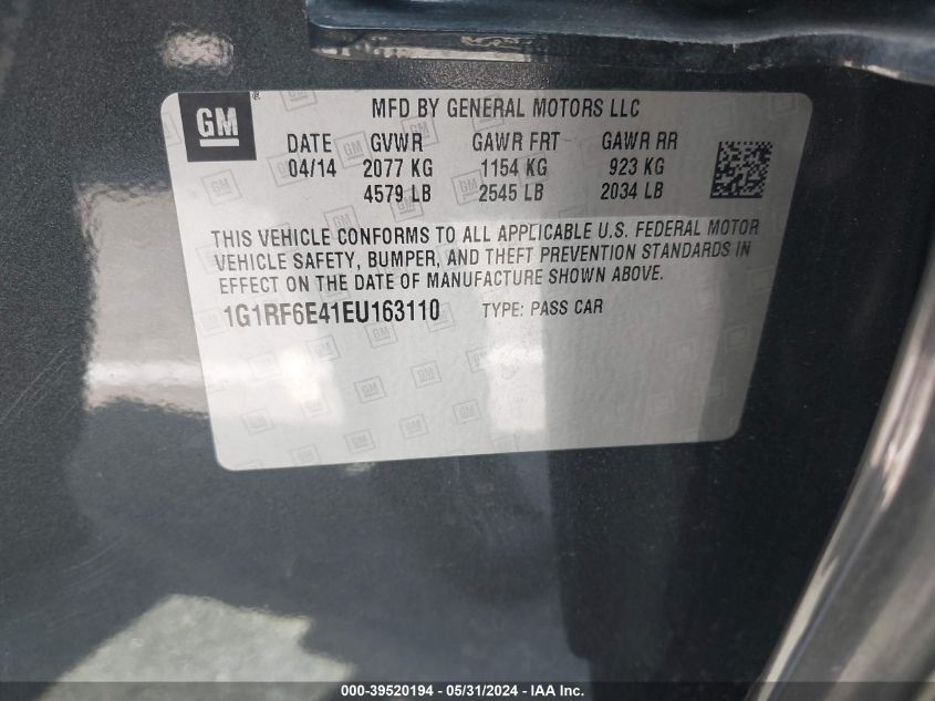 2014 Chevrolet Volt VIN: 1G1RF6E41EU163110 Lot: 39520194