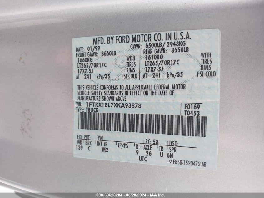 1999 Ford F-150 Lariat/Xl/Xlt VIN: 1FTRX18L7XKA93878 Lot: 39520204