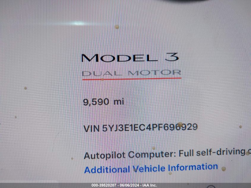 2023 Tesla Model 3 Performance Dual Motor All-Wheel Drive VIN: 5YJ3E1EC4PF696929 Lot: 39520207