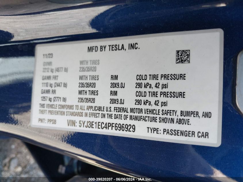 2023 Tesla Model 3 Performance Dual Motor All-Wheel Drive VIN: 5YJ3E1EC4PF696929 Lot: 39520207