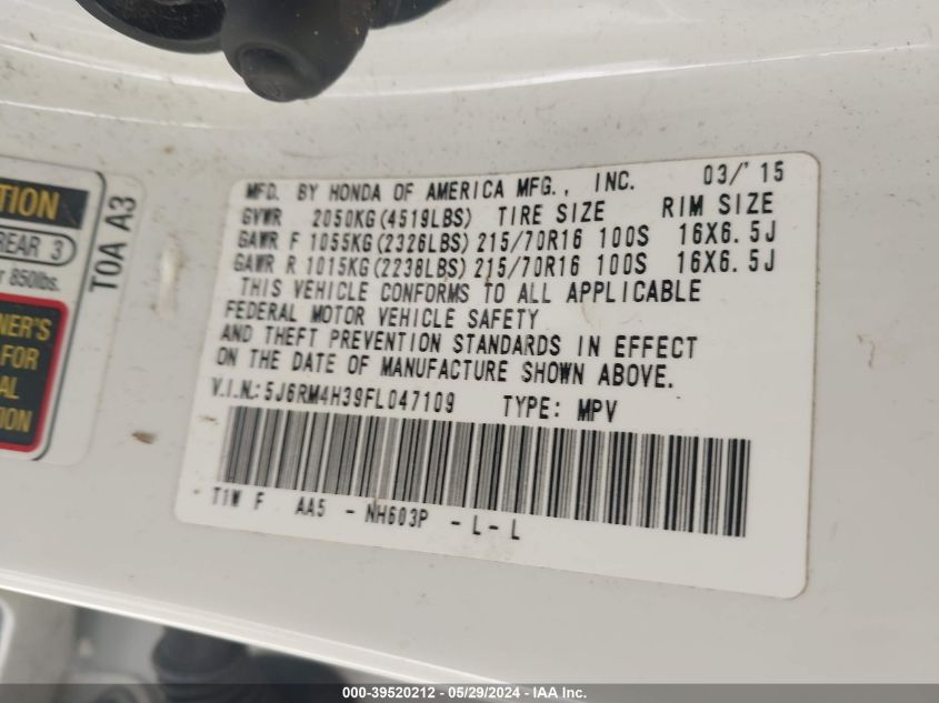 2015 Honda Cr-V Lx VIN: 5J6RM4H39FL047109 Lot: 39520212