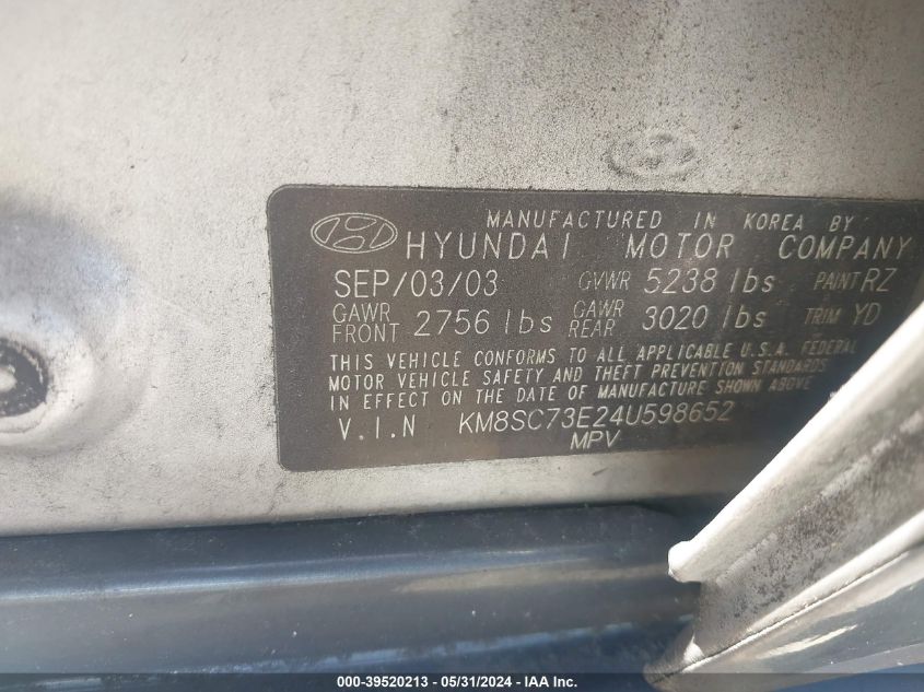 2004 Hyundai Santa Fe Gls/Lx VIN: KM8SC73E24U598652 Lot: 39520213