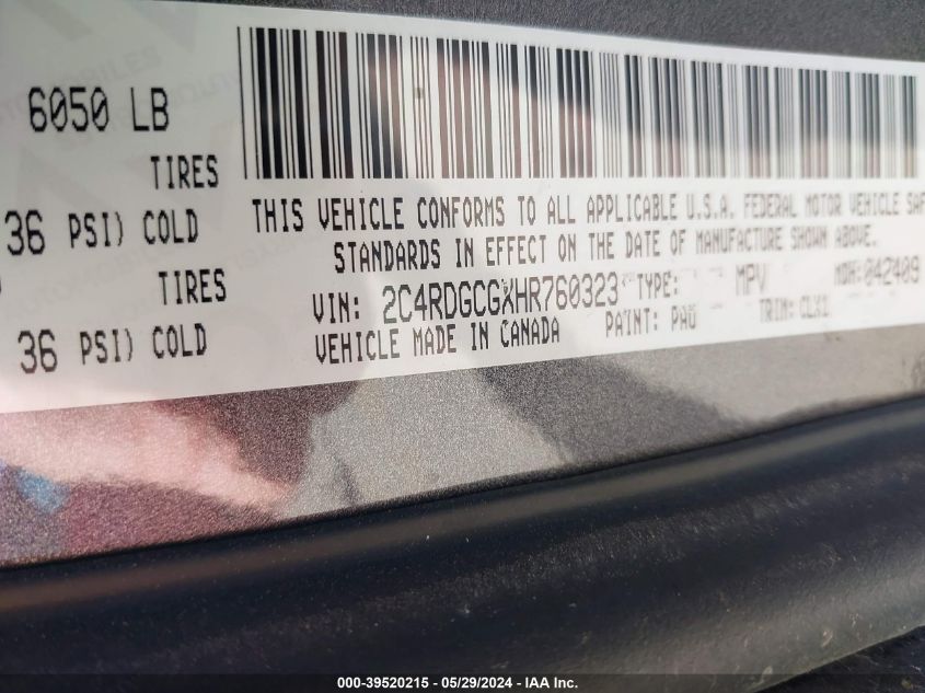 2017 Dodge Grand Caravan Sxt VIN: 2C4RDGCGXHR760323 Lot: 39520215