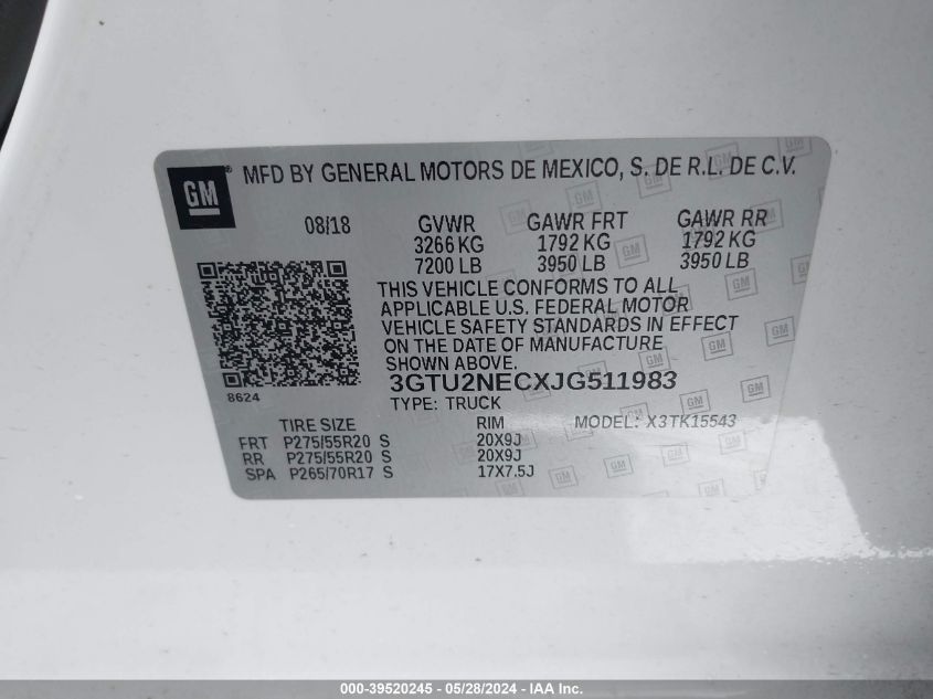 2018 GMC Sierra 1500 Slt VIN: 3GTU2NECXJG511983 Lot: 39520245