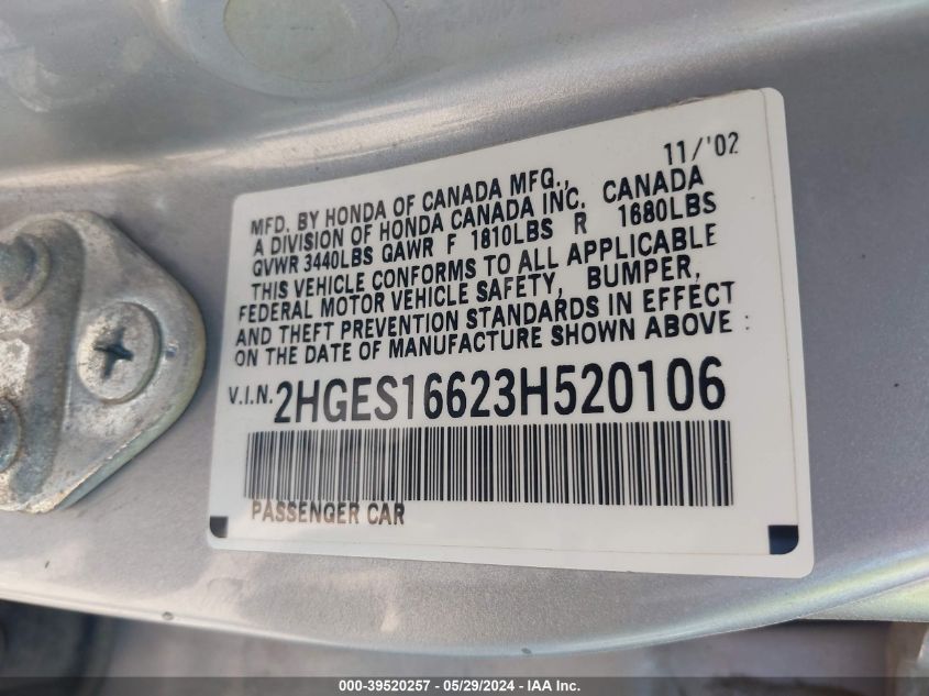 2003 Honda Civic Lx VIN: 2HGES16623H520106 Lot: 39520257