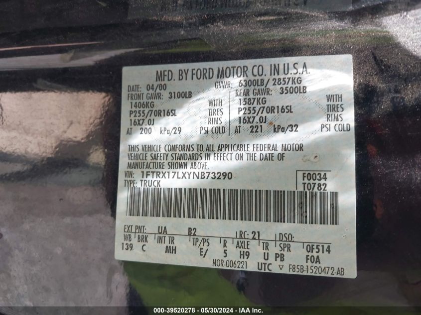 2000 Ford F-150 Lariat/Work Series/Xl/Xlt VIN: 1FTRX17LXYNB73290 Lot: 39520278