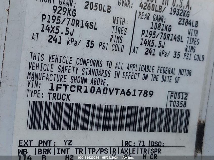 1997 Ford Ranger VIN: 1FTCR10A0VTA61789 Lot: 39520286