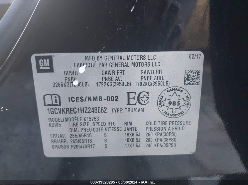 2017 Chevrolet Silverado 1500 1Lt/2Lt VIN: 1GCVKREC1HZ248062 Lot: 39520295