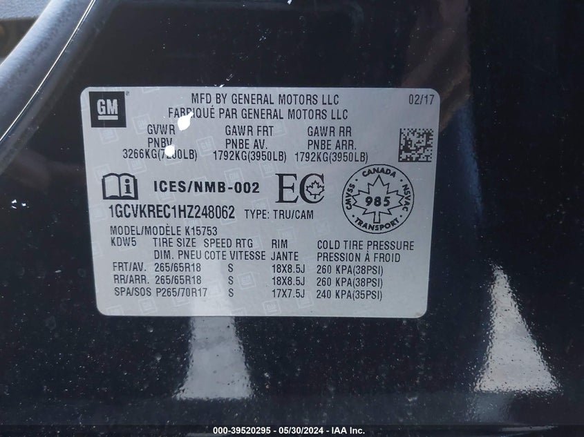 2017 Chevrolet Silverado 1500 1Lt/2Lt VIN: 1GCVKREC1HZ248062 Lot: 39520295