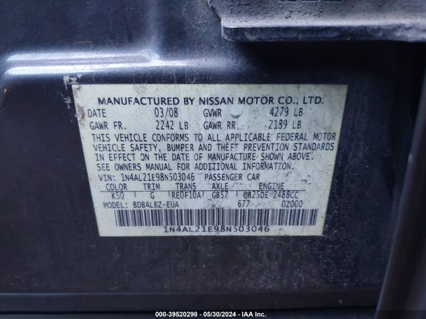 2008 Nissan Altima 2.5 S VIN: 1N4AL21E98N503046 Lot: 39520298